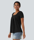 Square Neck Short Sleeve Casual Top - Black