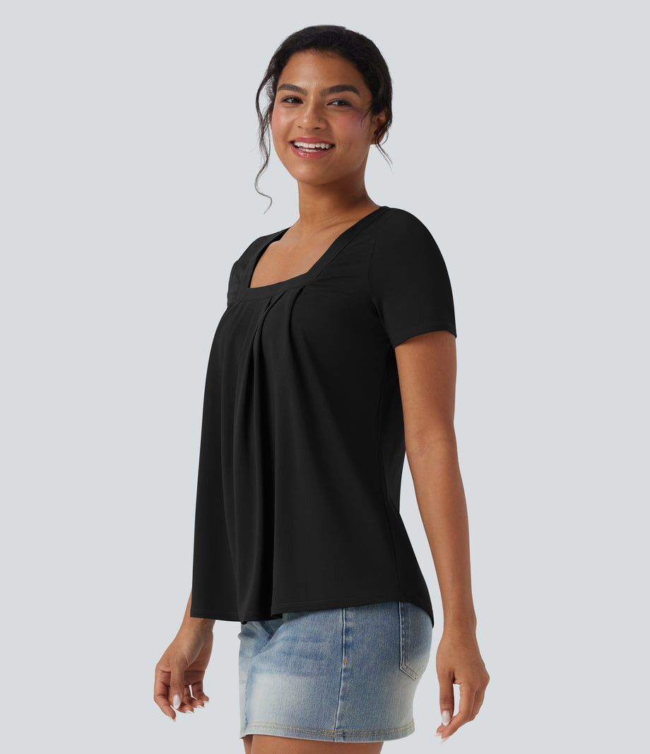 Square Neck Short Sleeve Casual Top - Black