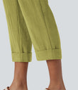 High Waisted Zipper Pocket Cropped Linen-Feel Pants - Moss