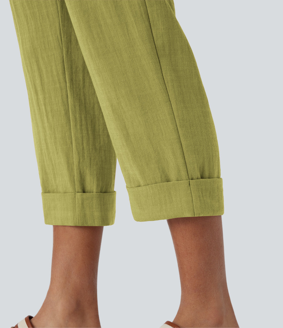 High Waisted Zipper Pocket Cropped Linen-Feel Pants - Moss