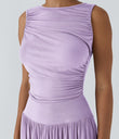 Ribbed Boat Neck Asymmetric Strap Ruched Pocket Flowy Maxi Casual Dress - Misty Purple