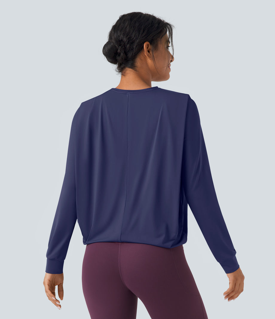 Round Neck Long Sleeve Ruched Yoga Sports Top-UPF50+ - Patriot Blue