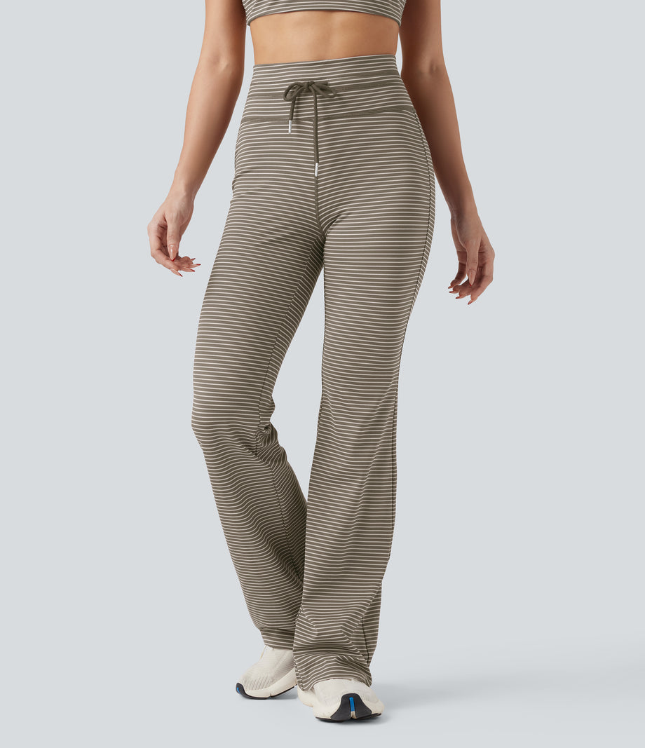 High Waisted Drawstring Stripe Flare Yoga Pants with Pockets - Sandstone Beige
