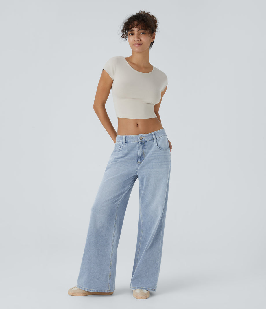Halara Flex™ Low Rise Zipper Pockets Washed Baggy Wide Leg Casual Jeans - Light Azure Denim