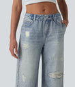Mid Rise Denim Print French Terry Casual Sweatpants Jeans with Pockets - Soft Breeze Blue
