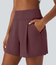 DayStretch High Waisted Work Baggy Shorts 4'' with Pockets - Red Mahogany