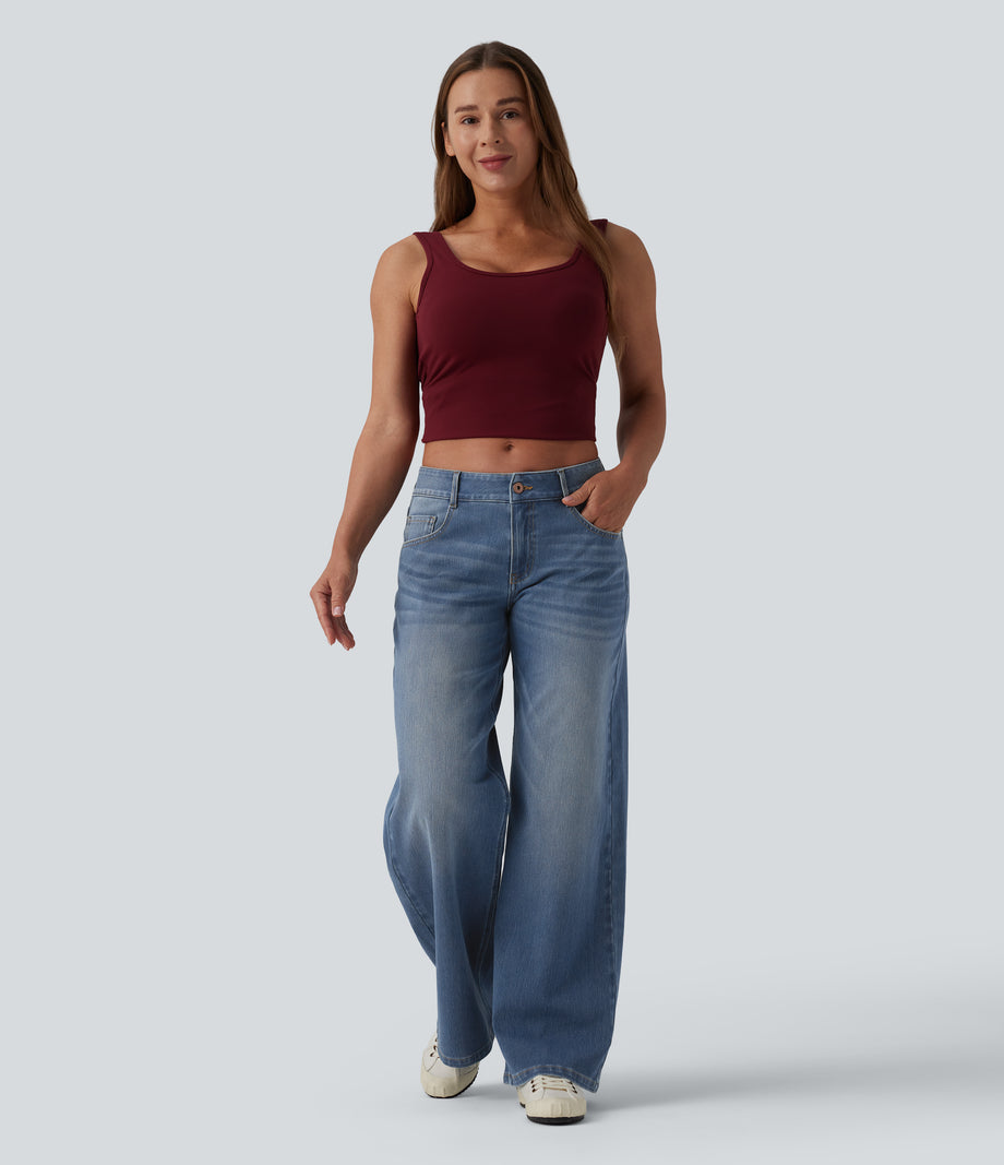 Halara Flex™ Low Rise Zipper Pockets Washed Baggy Wide Leg Casual Jeans - Blue Surf Denim