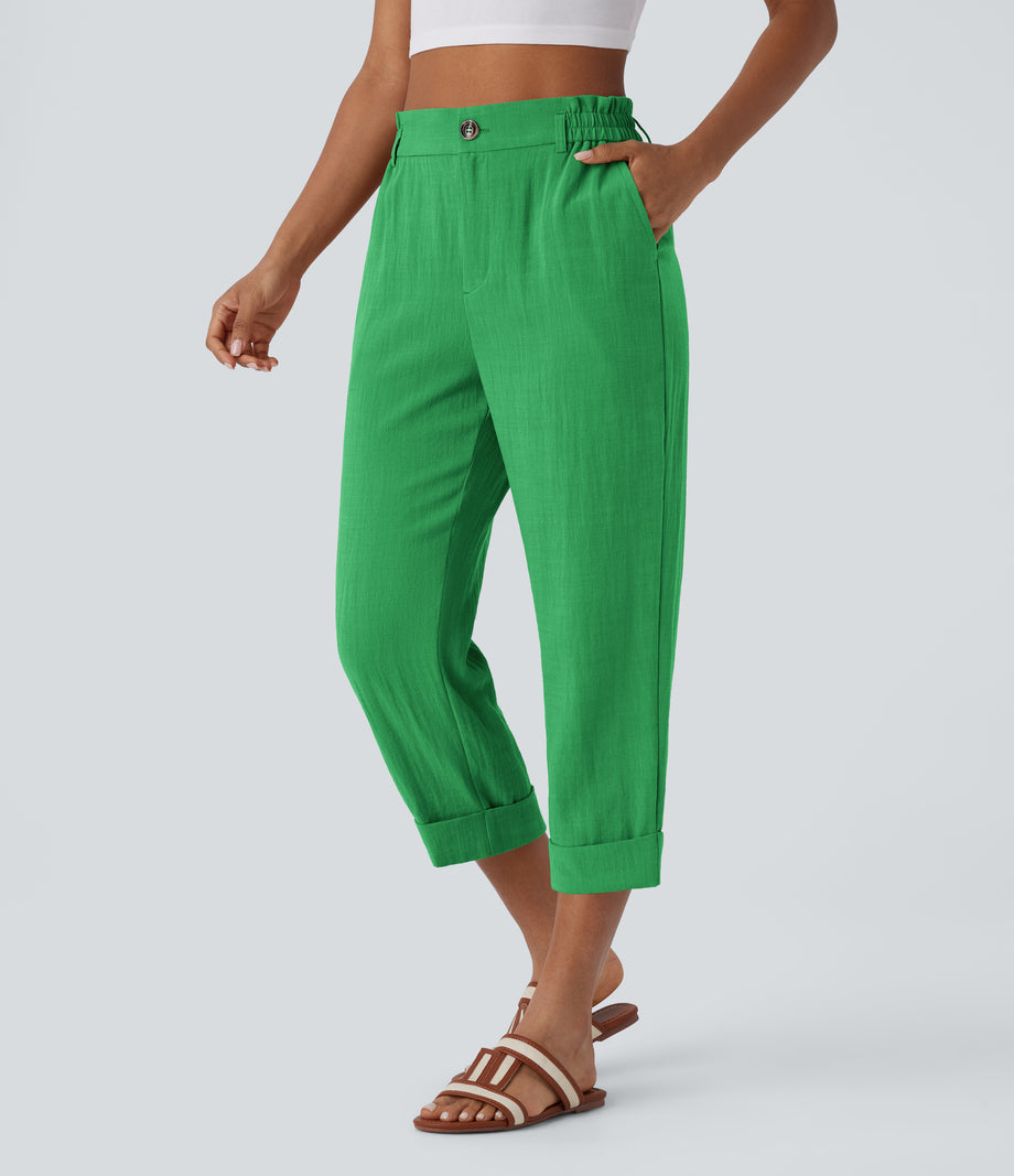 High Waisted Zipper Pocket Cropped Linen-Feel Pants - Kelly Green