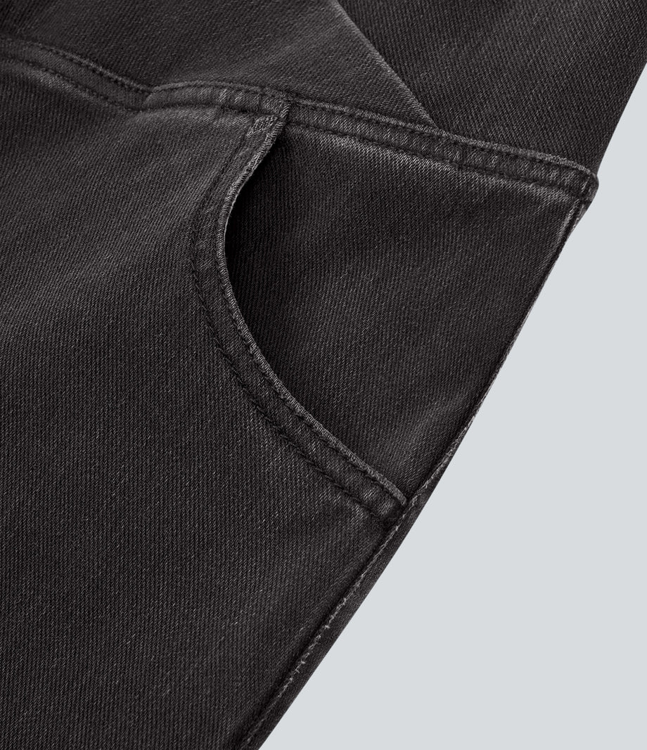 Halara Flex™ High Waisted Crossover Pocket Washed Casual Jeans - Hemp Rope Black Denim