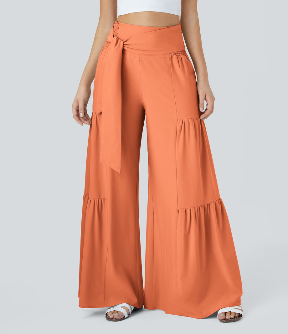 Breezeful™ High Waisted Shirred Tie Front & Back Wide Leg Flowy Quick Dry Casual Pants - Blush Orange