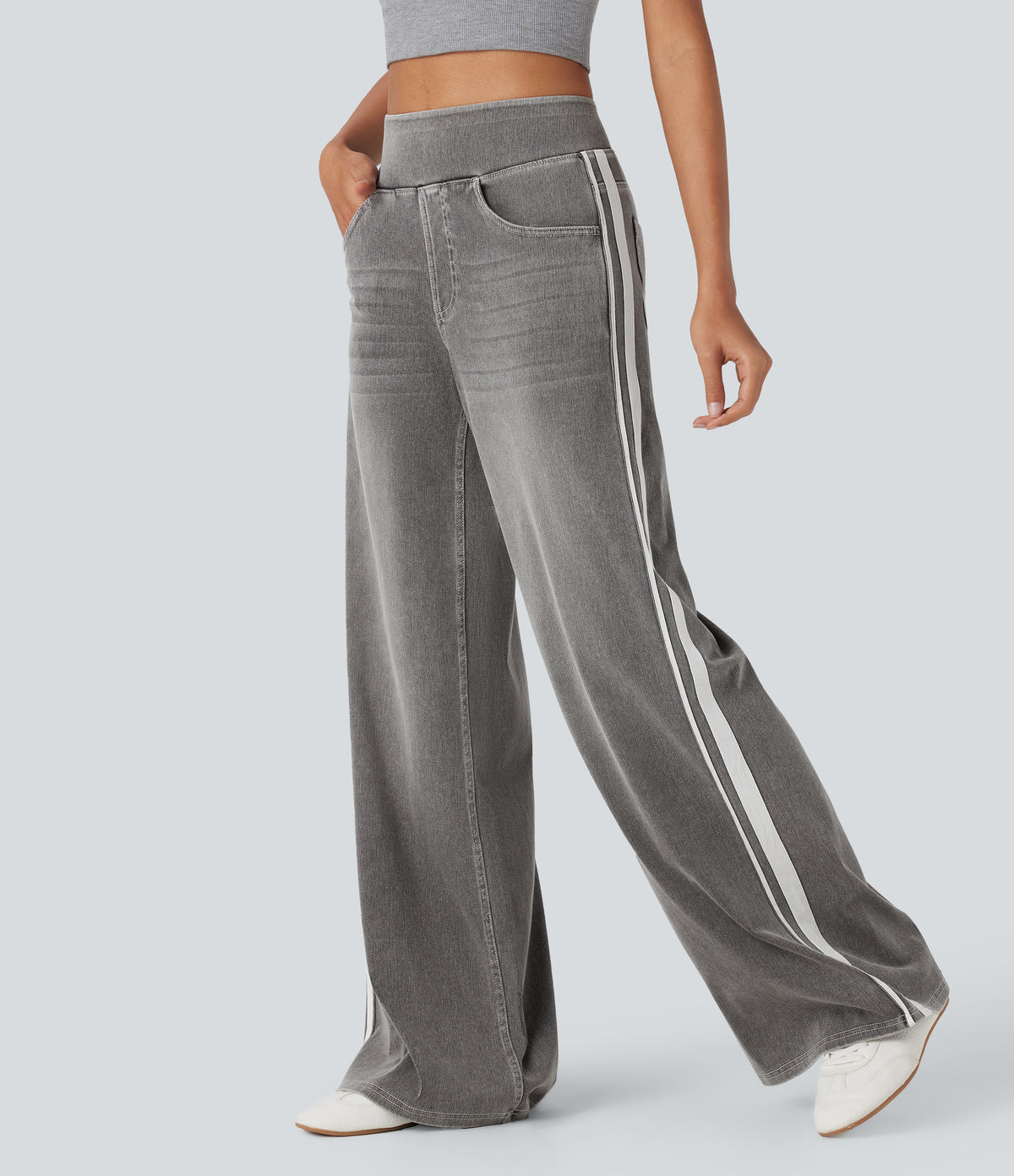 Halara Flex™ High Waisted Stripe Wide Leg Flowy Washed Casual Jeans with Pockets - Cool Gray Denim