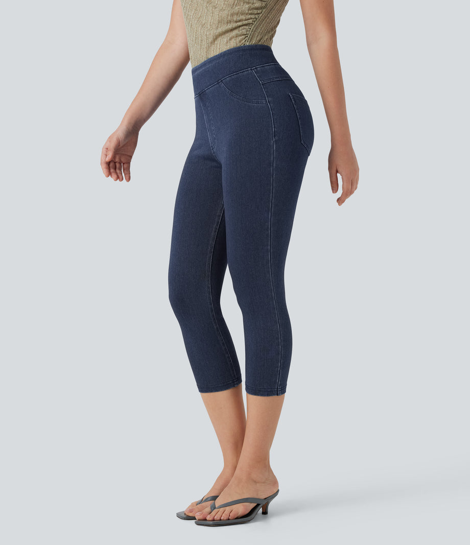 Halara Flex™ High Waisted Pocket Denim Capri Casual Leggings - Washed Denim Navy Blue