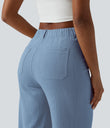 High Waisted Straight Leg Casual Linen-Feel Pants with Pockets - Azure Mist Blue