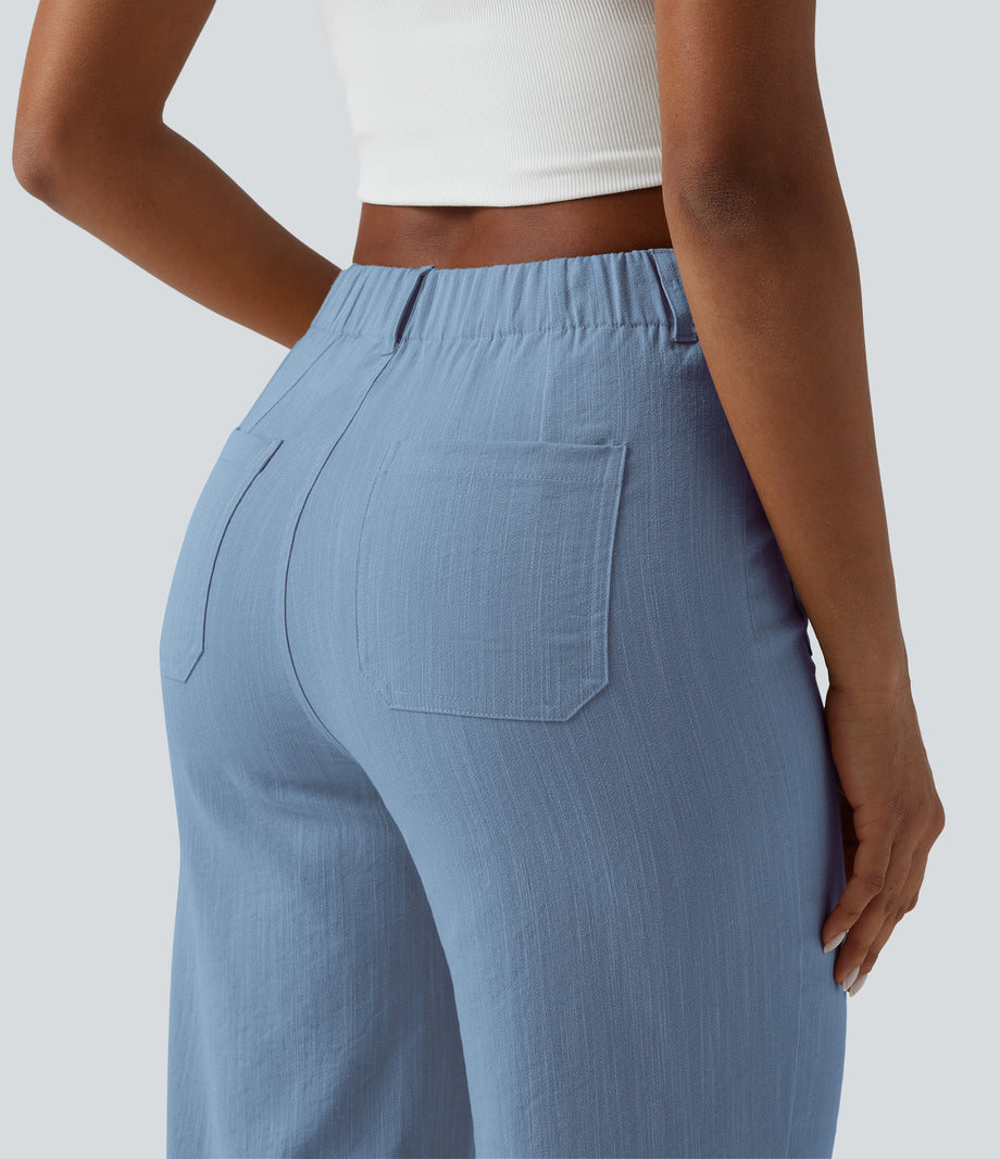 High Waisted Straight Leg Casual Linen-Feel Pants with Pockets - Azure Mist Blue