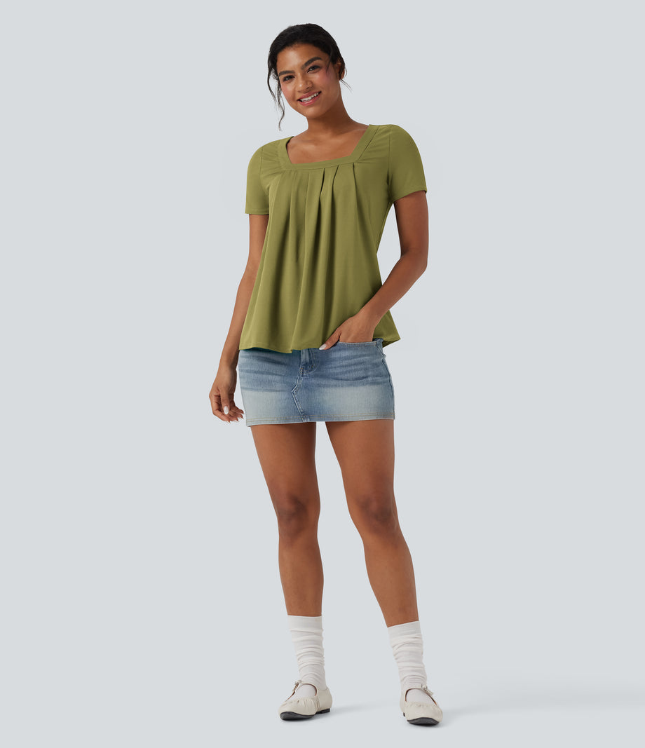 Square Neck Short Sleeve Casual Top - Moss