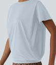 Round Neck Short Sleeve Ruched Cool Touch Yoga Sports Top-UPF50+ - Illusion Blue