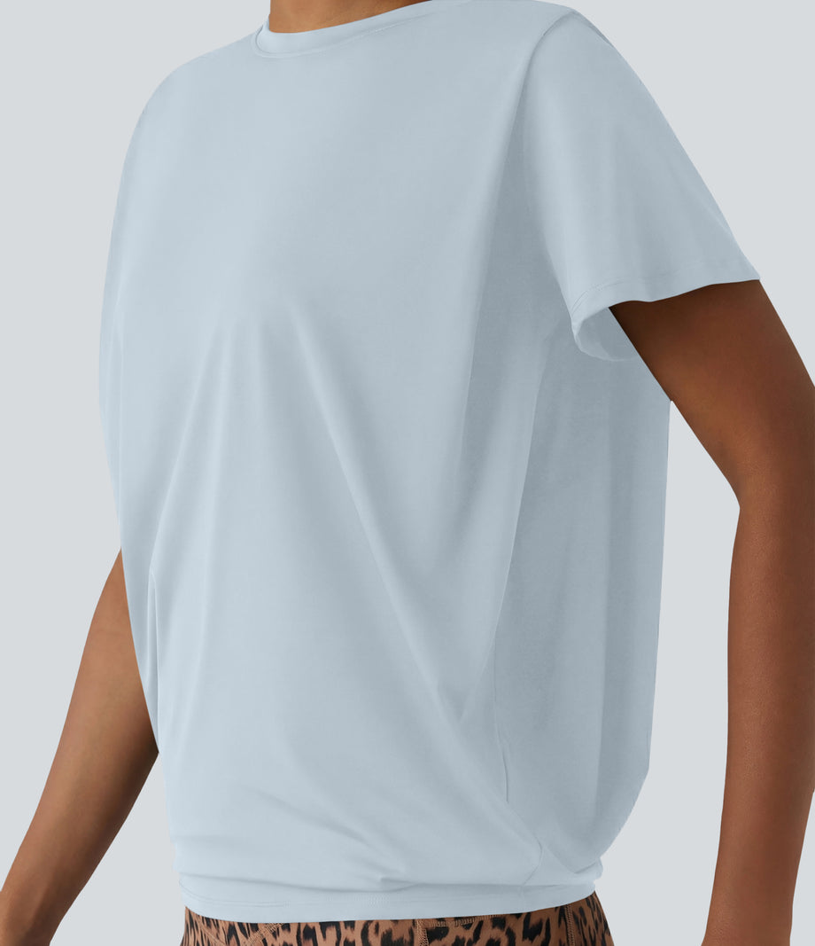 Round Neck Short Sleeve Ruched Cool Touch Yoga Sports Top-UPF50+ - Illusion Blue