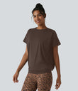 Round Neck Short Sleeve Ruched Cool Touch Yoga Sports Top-UPF50+ - Chocolate Martini