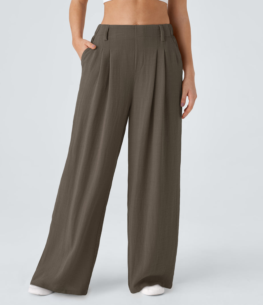 High Waisted Pocket Wide Leg Flowy Solid Palazzo Casual Linen-Feel Pants - Dark Earthy Brown
