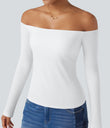 Ribbed Knit Off Shoulder Long Sleeve 2-in-1 Casual Top - White