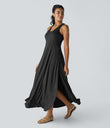 U Neck Flowy Maxi Casual Tank Dress - Black