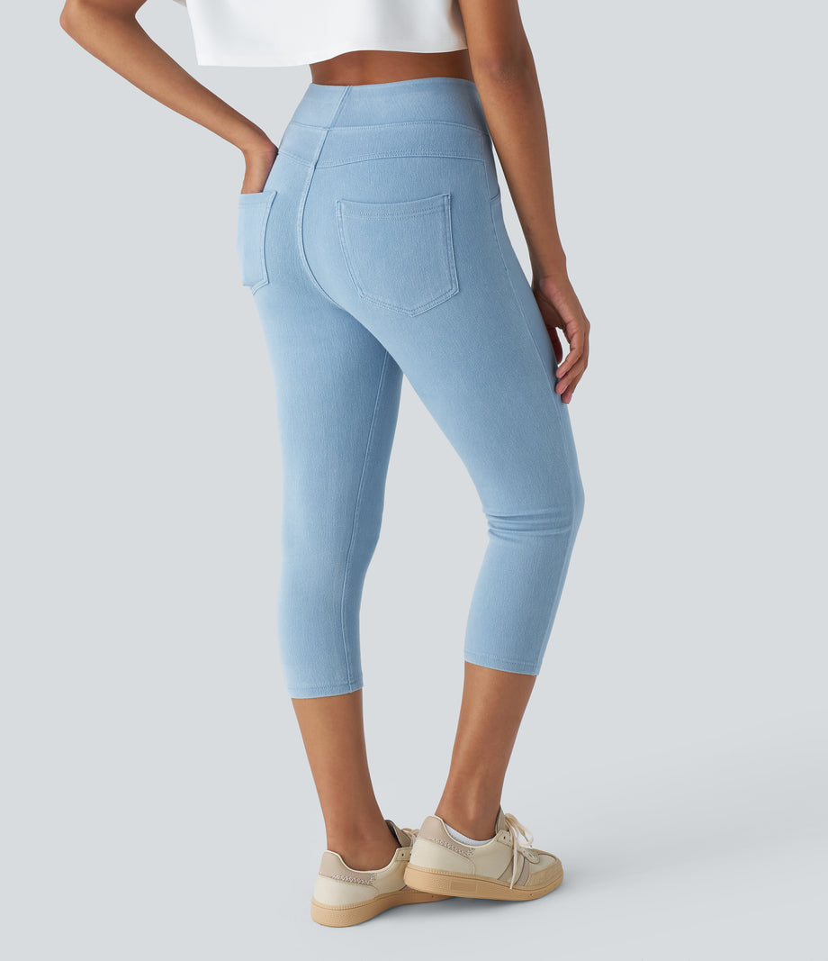 Halara Flex™ High Waisted Pocket Denim Capri Casual Leggings - Washed Denim Sunny Blue