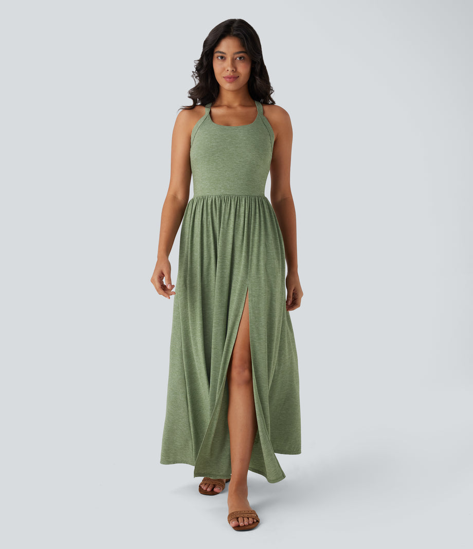 Twisted Backless Split Flowy Maxi Resort Dress with Pockets - Light Green Floral Yarn