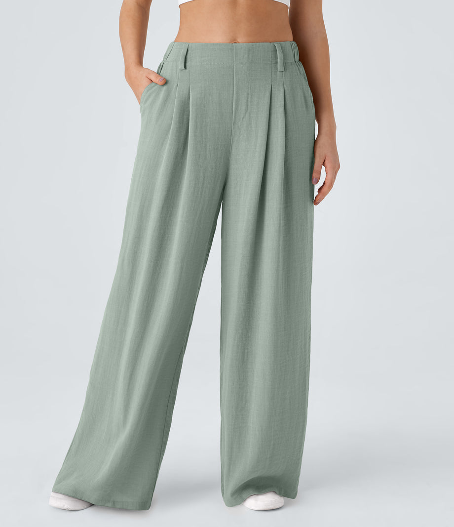 High Waisted Pocket Wide Leg Flowy Solid Palazzo Casual Linen-Feel Pants - Iceberg Green