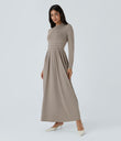 Mock-neck Long Sleeve Pocket Flare Maxi Casual Dress - Weathered Teak