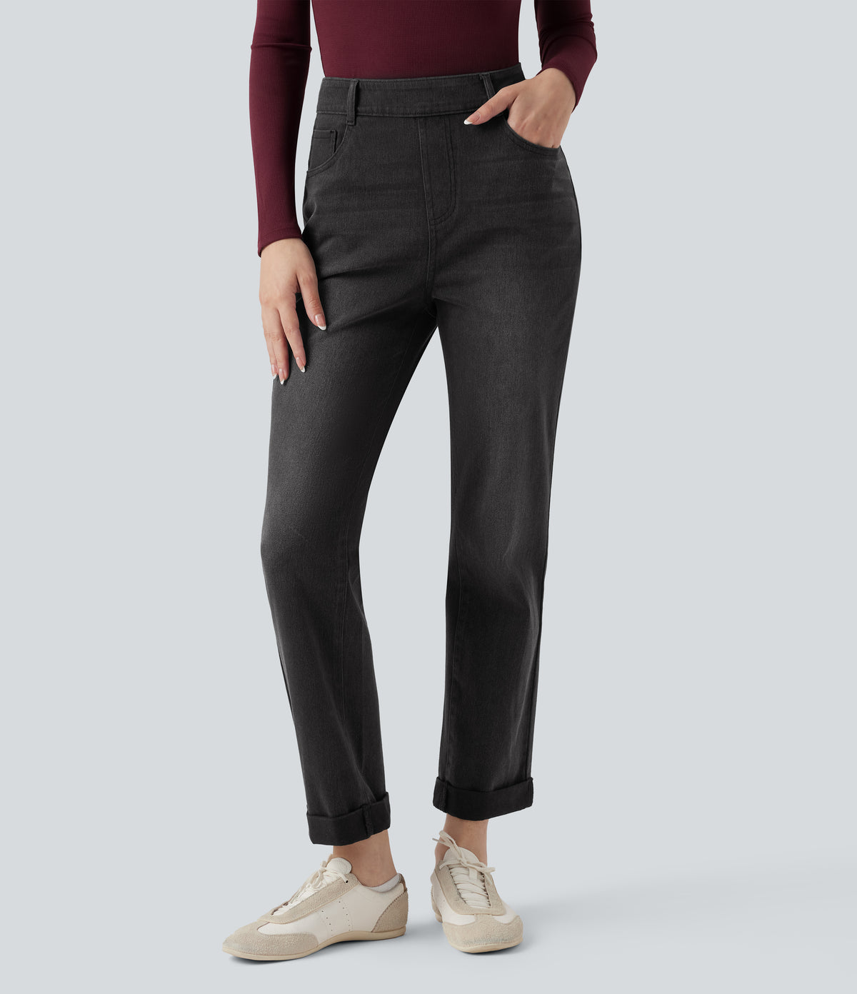 Halara Flex™ High Waisted Rolled Hem Casual Slim Jeans with Pockets - Poppy Seed Denim