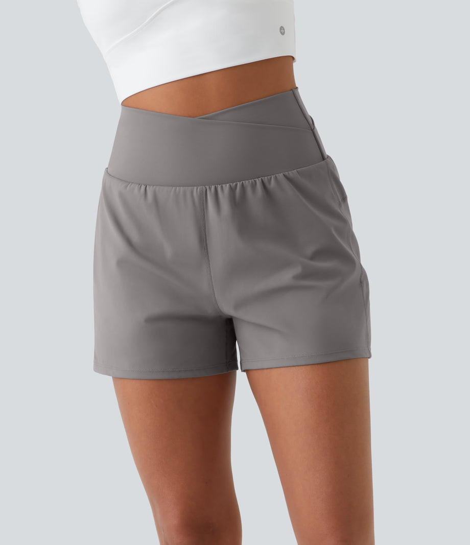 High Waisted Crossover Pocket 2-in-1 Casual Shorts - Steeple Gray