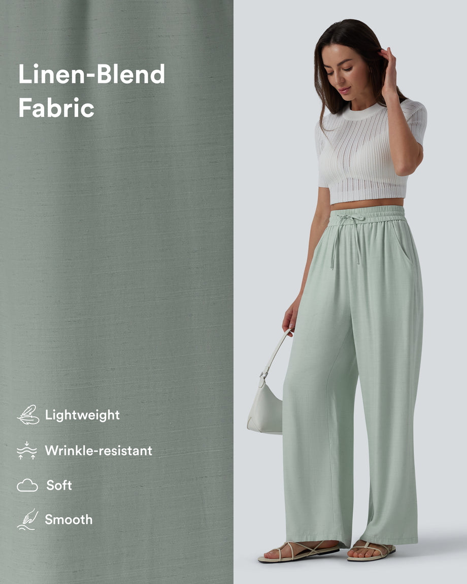 High Waisted Drawstring Wide Leg Casual Linen-Blend Pants with Pockets - Aqua Gray