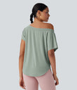 One Shoulder Short Sleeve Curved Hem High Low Quick Dry Yoga Sports Top - Iceberg Green