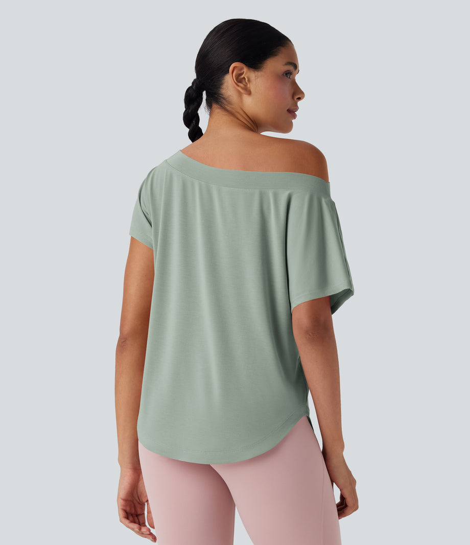 One Shoulder Short Sleeve Curved Hem High Low Quick Dry Yoga Sports Top - Iceberg Green