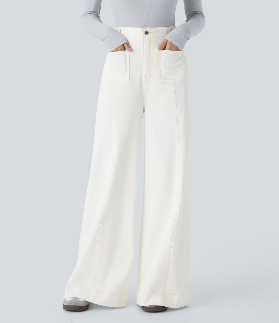 Halara Flex™ High Waisted Pockets Washed Casual Wide Leg Jeans - Beige Denim