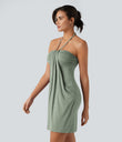Halter Tie Back Mini Resort Dress with Pockets - Pale Aqua