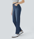 Halara Flex™ High Waisted Pockets Straight Leg Washed Casual Jeans - Distressed Denim Dark Blue