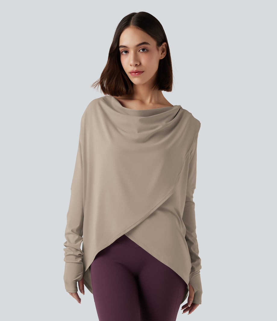 Hooded Cowl Neck Long Sleeve Thumb Hole Yoga Sports Top with Pockets - Humus