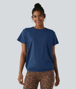 Round Neck Short Sleeve Ruched Cool Touch Yoga Sports Top-UPF50+ - Majolica Blue