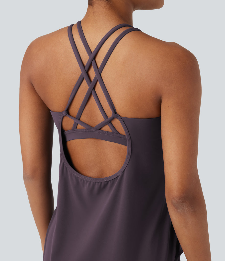 Halara UltraSculpt™ Round Neck Crisscross Back Running Tank Tops DD-F Cups - Night's Purple