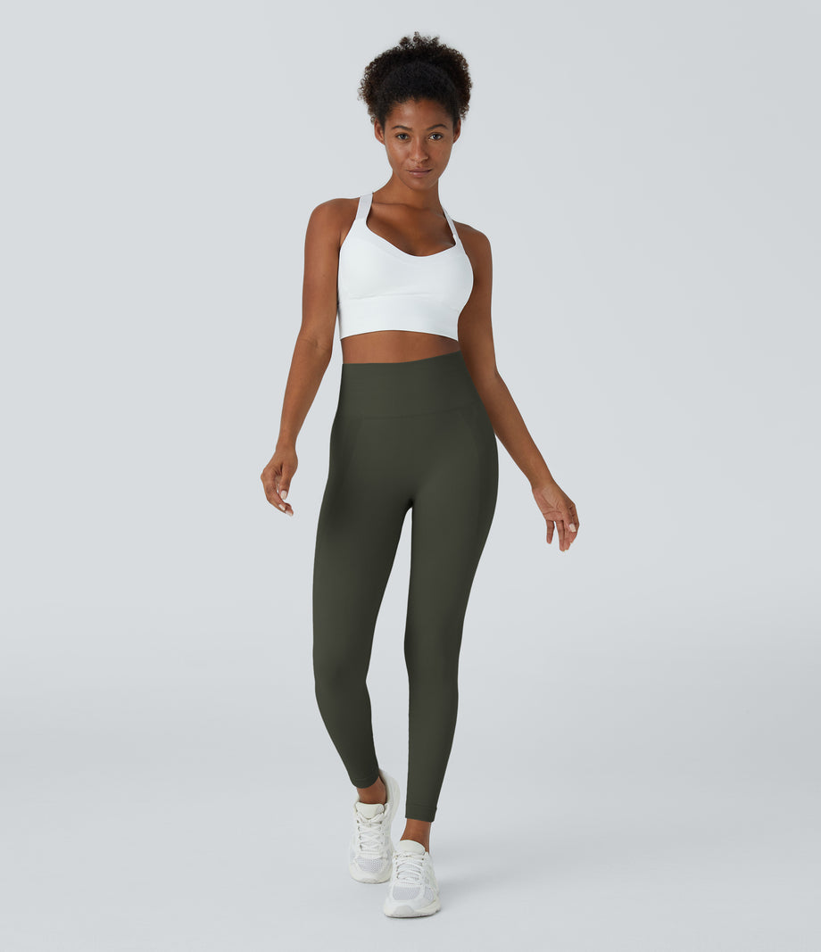 OneForm Seamless Flow High Waisted Ruched 7/8 Yoga Leggings - Forest Night