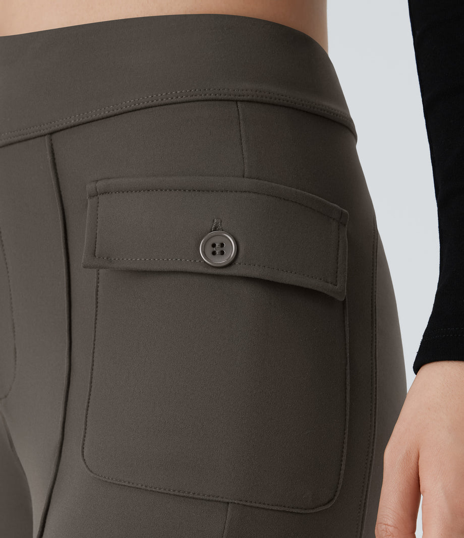 High Waisted Side Flap Pocket Flare Casual Cargo Pants - Hazelnut Black