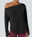 One Shoulder Long Sleeve Thumb Hole Curved Hem High Low Quick Dry Yoga Sports Top-Built-in Bra - Black