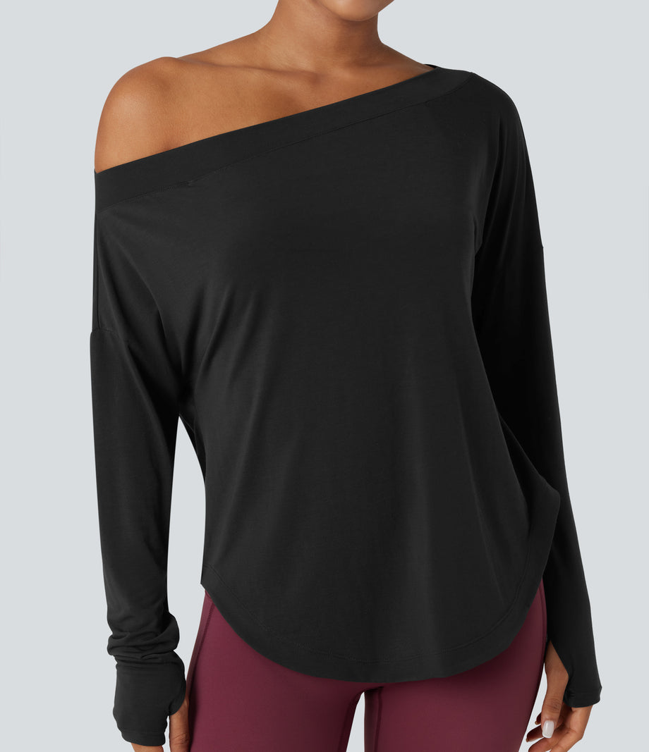 One Shoulder Long Sleeve Thumb Hole Curved Hem High Low Quick Dry Yoga Sports Top-Built-in Bra - Black