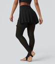 Breezeful™ High Waisted Pleated 2-in-1 Contrast Mesh Quick Dry Dance Stirrup Skirted Leggings with Pockets - Black