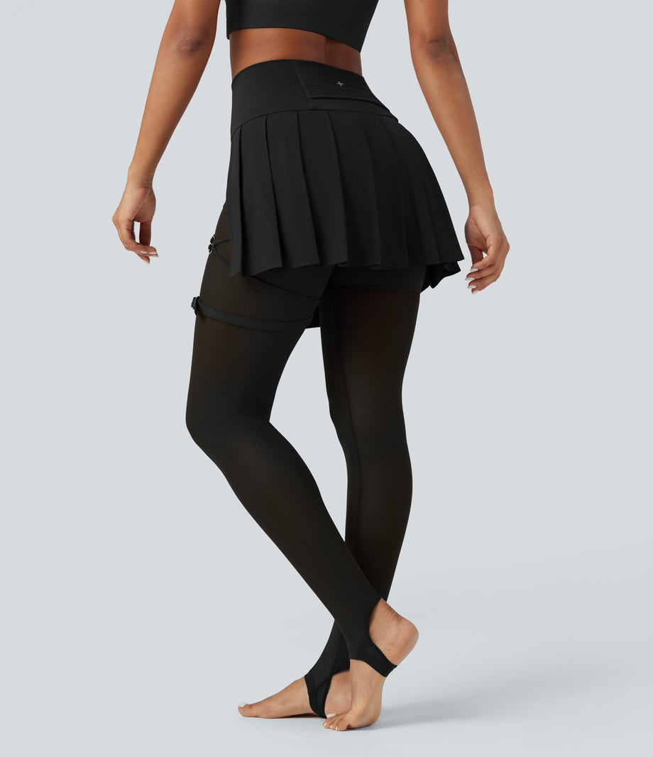 Breezeful™ High Waisted Pleated 2-in-1 Contrast Mesh Quick Dry Dance Stirrup Skirted Leggings with Pockets - Black