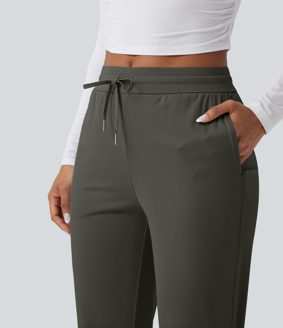 Mid Rise Drawstring Curved Hem Quick Dry Golf Tapered Pants with Pockets-UPF40+ - Forest Night