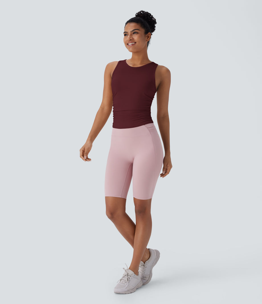 Round Neck Racerback Ruched Yoga Tank Top - Zinfandel