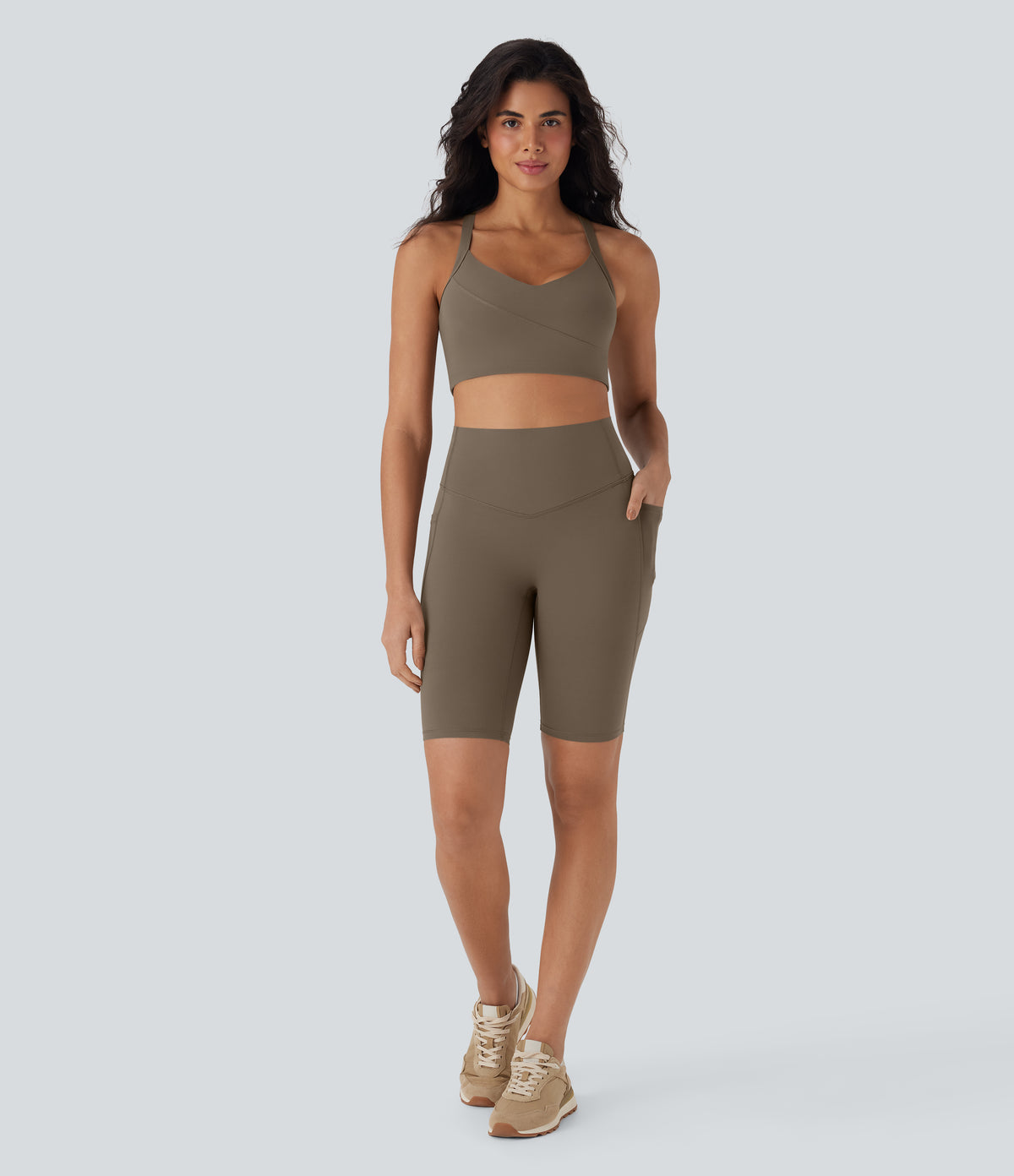 Halara UltraSculpt™ High Waisted Tummy Control Pocket Shaping Training Biker Shorts 9'' - Dawn Brown