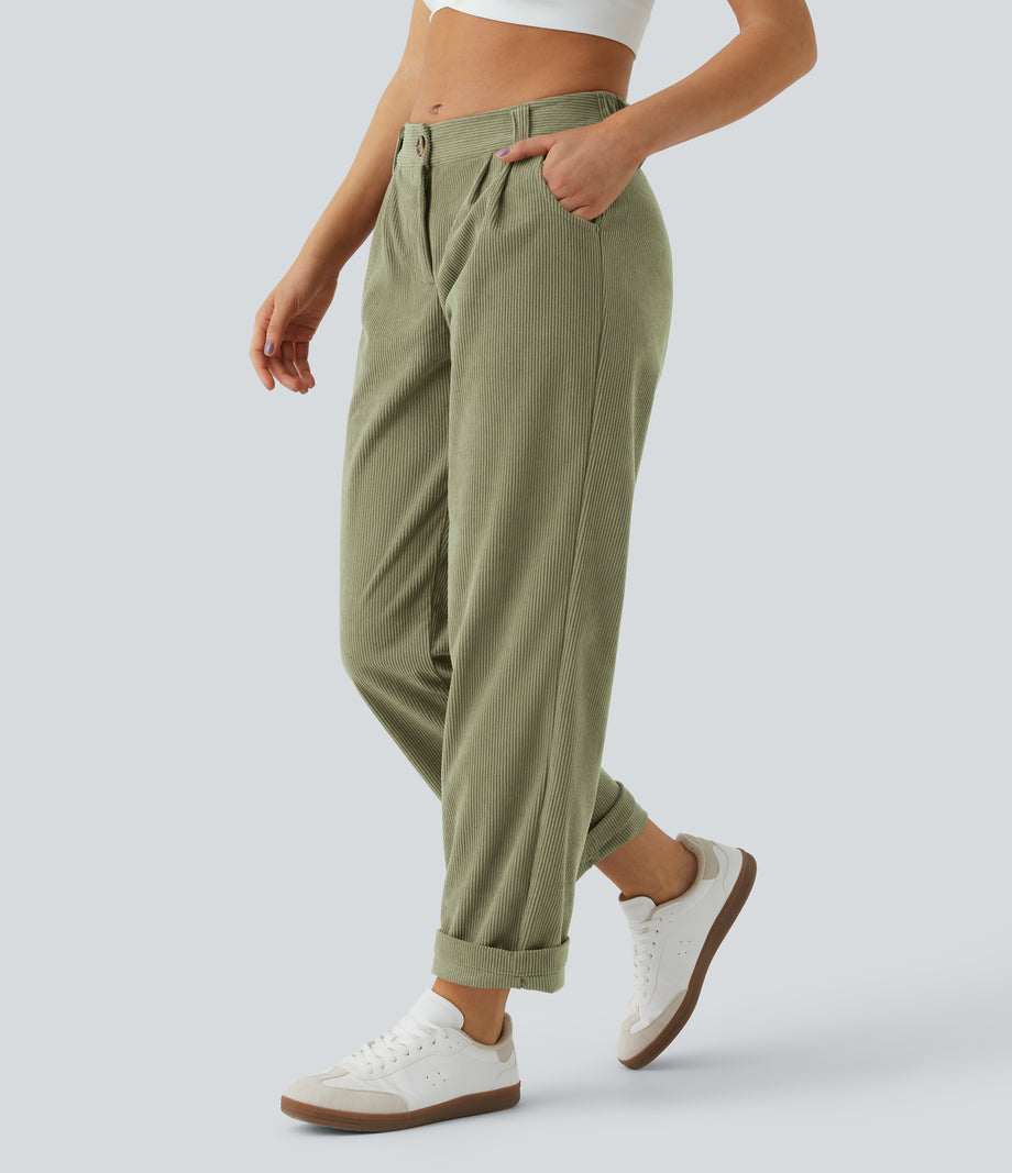 Mid Rise Zipper Pocket Corduroy Casual Pants - Boa
